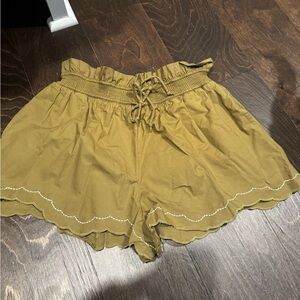 Anthropologie Women's Olive Green Ruffle Hem Shorts